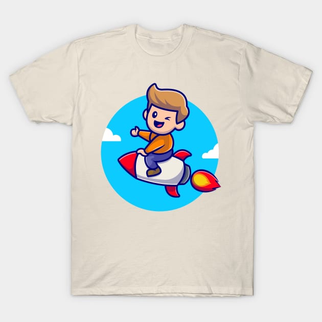 Cute Boy Riding Rocket Cartoon Illustration T-Shirt by Catalyst Labs